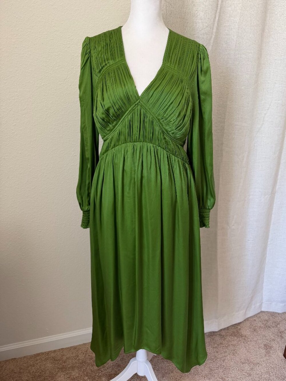 AllSaints Estelle Silk Blend Asymmetric Midi Dress Cactus Green Size 8